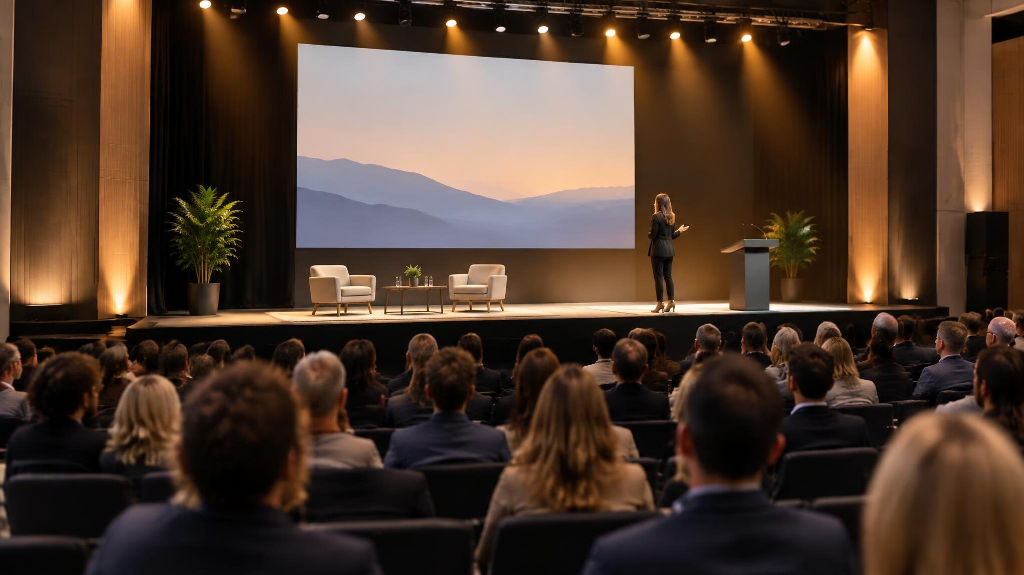 Conference stage with audience and spotlights