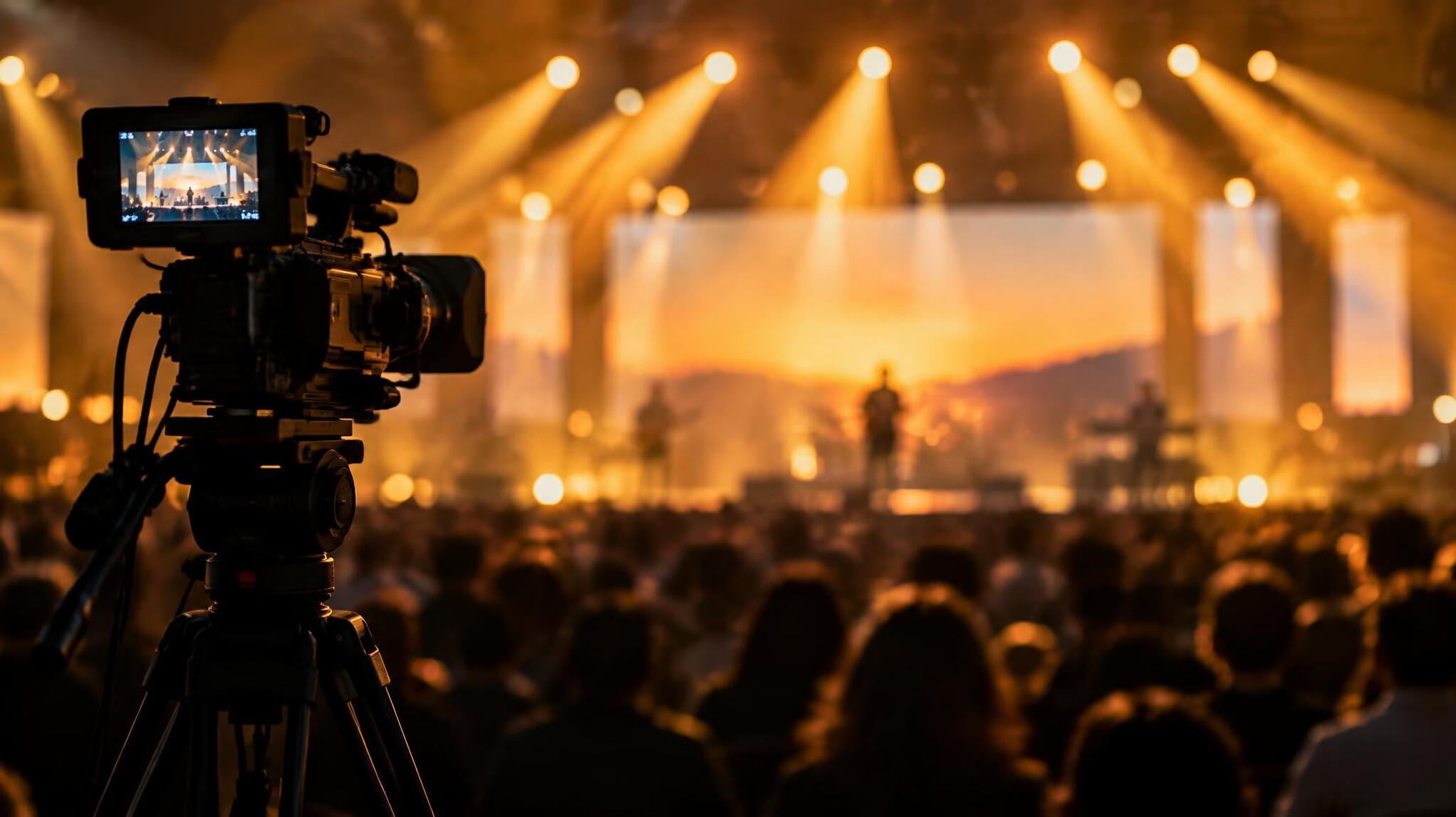 Camera operator filming a live entertainment event with stage lights